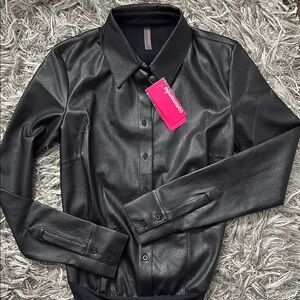 Commando Lightweight Faux Black Button Down Leather bodysuit Size Small
